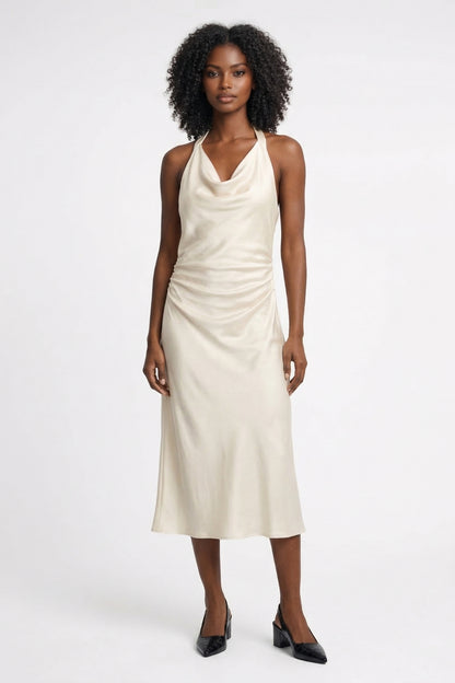 Midi Jurk Dames - Halter Draperie met Fronces en Open Rug | Elegant