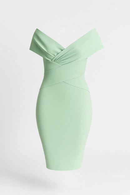 Midi Jurk Dames | Off-Shoulder Ontwerp met Drapering | Elegant en Getailleerd