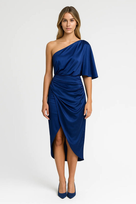 Midi Jurk Dames | One-Shoulder Design met Drapering | Elegant en Verfijnd