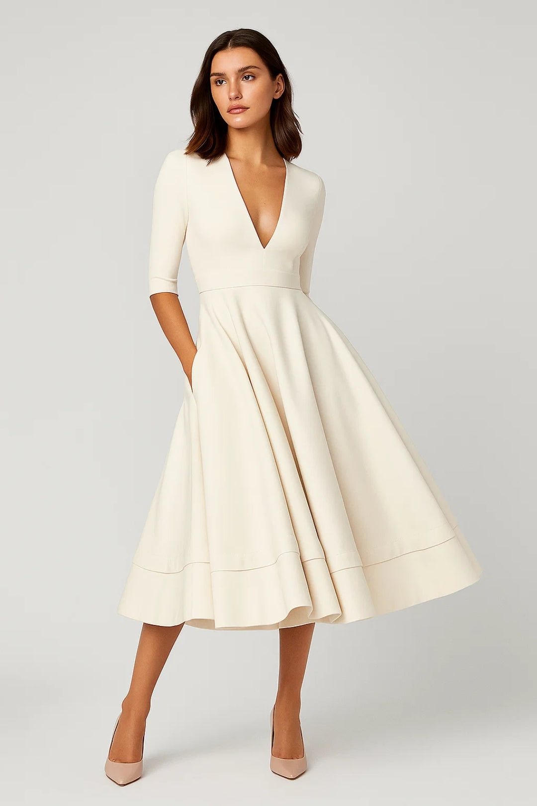 Midi Jurk | Elegante V-Hals en Driekwartmouw | Lichtgewicht en Ademend