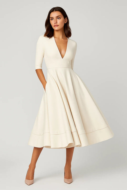 Midi Jurk | Elegante V-Hals en Driekwartmouw | Lichtgewicht en Ademend