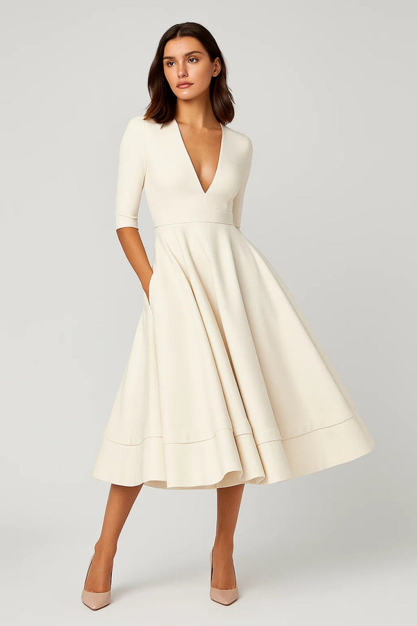 Midi Jurk Dames - V-hals met Driekwart Mouwen | Elegant