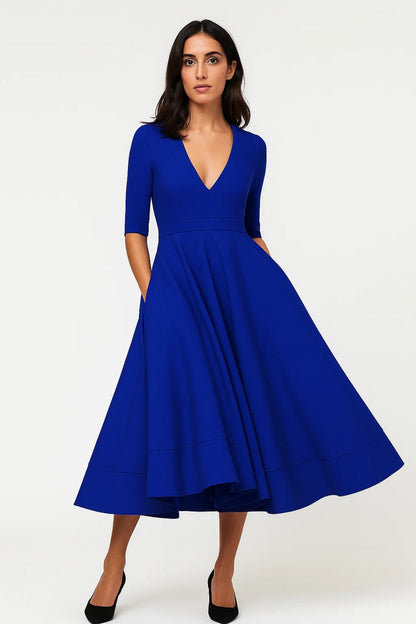 Midi Jurk | Elegante V-Hals en Driekwartmouw | Lichtgewicht en Ademend
