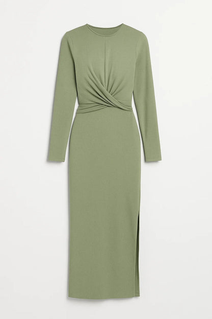 Midi Jurk | Lange Mouwen met Getailleerde Twist | Verfijnde Silhouetlook