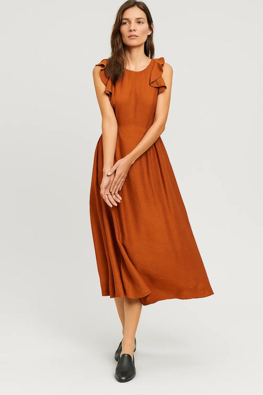 Midi Jurk | Mouwloos met Ruches op de Schouder | Elegante Dagstijl