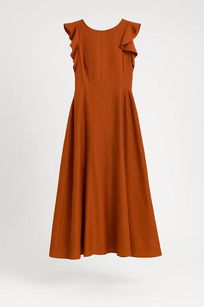 Midi Jurk | Mouwloos met Ruches op de Schouder | Elegante Dagstijl
