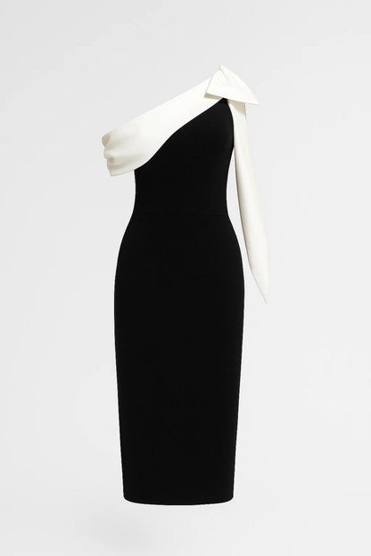 Midi Jurk | One-Shoulder Ontwerp met Contrasterende Strik | Lichtgewicht en Ademend