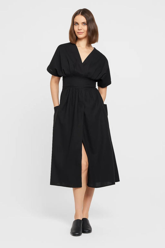 Midi Jurk | V-Hals met Wijde Mouwen | Gecentreerde Taille en Splitdetail