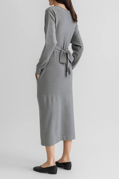 Midi Jurk met Gedraaide Taille | Lange Mouwen en Relaxte Pasvorm | Comfortabel en Stijlvol