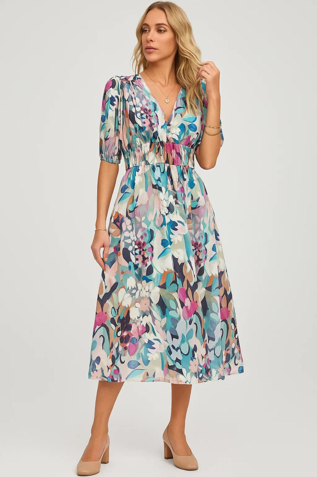 Midi Jurk met Pofmouwen | V-Hals en Elastische Taille | Lichtgewicht en Ademend