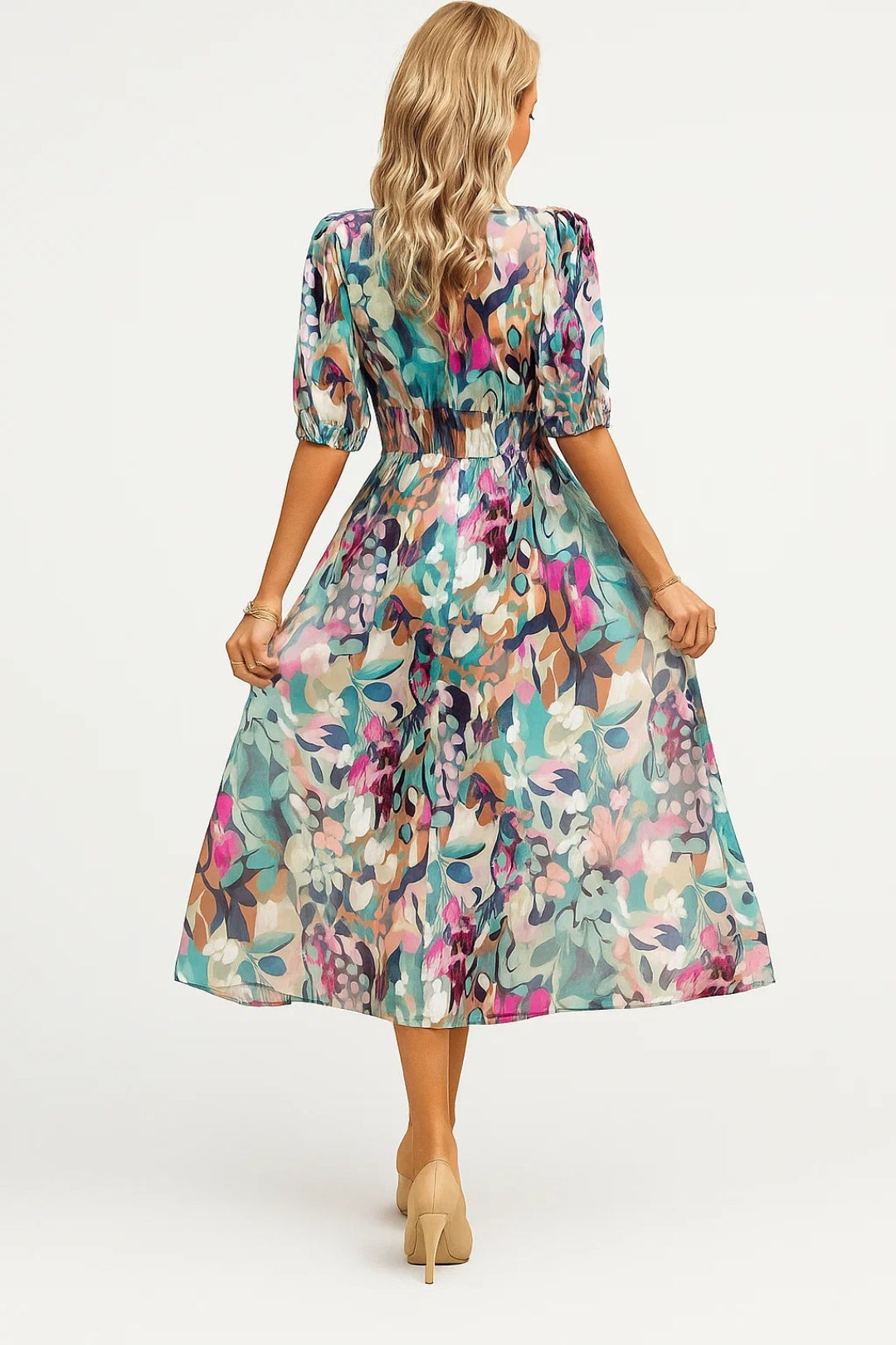 Midi Jurk met Pofmouwen | V-Hals en Elastische Taille | Lichtgewicht en Ademend