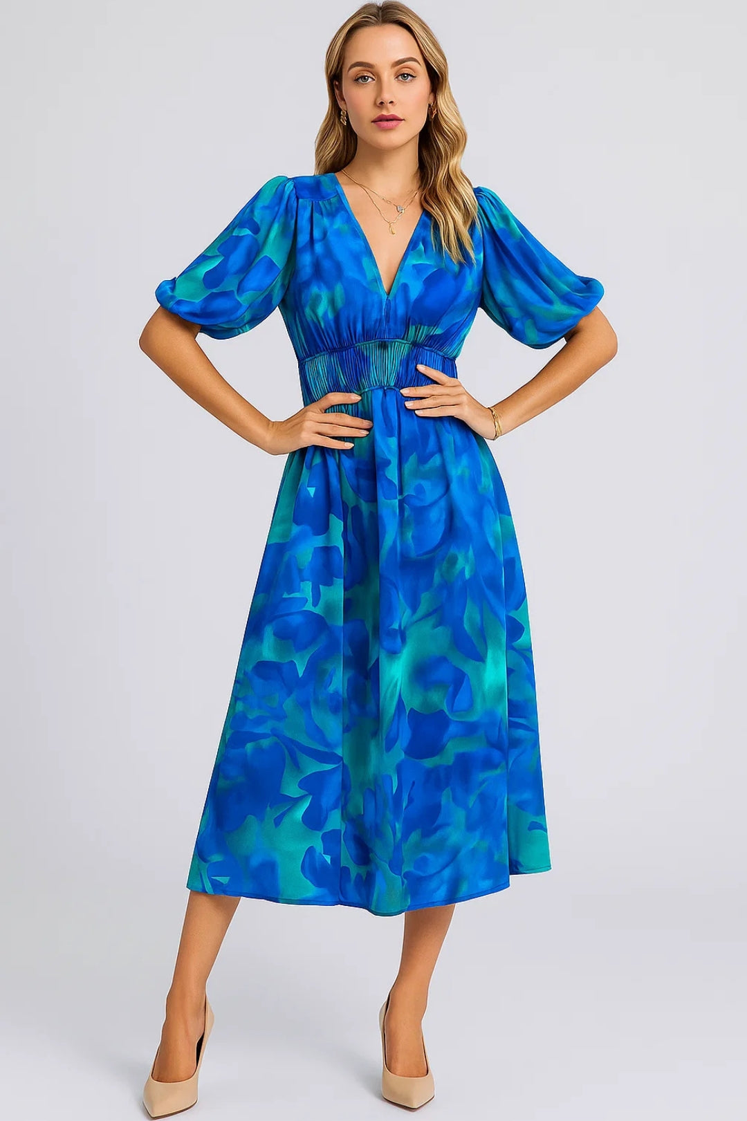 Midi Jurk met Pofmouwen | V-Hals en Elastische Taille | Lichtgewicht en Ademend