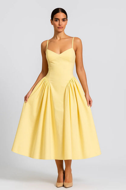 Midi Jurk met Spaghettibandjes | Getailleerd Bovenstuk | Elegante Uitlopende Rok