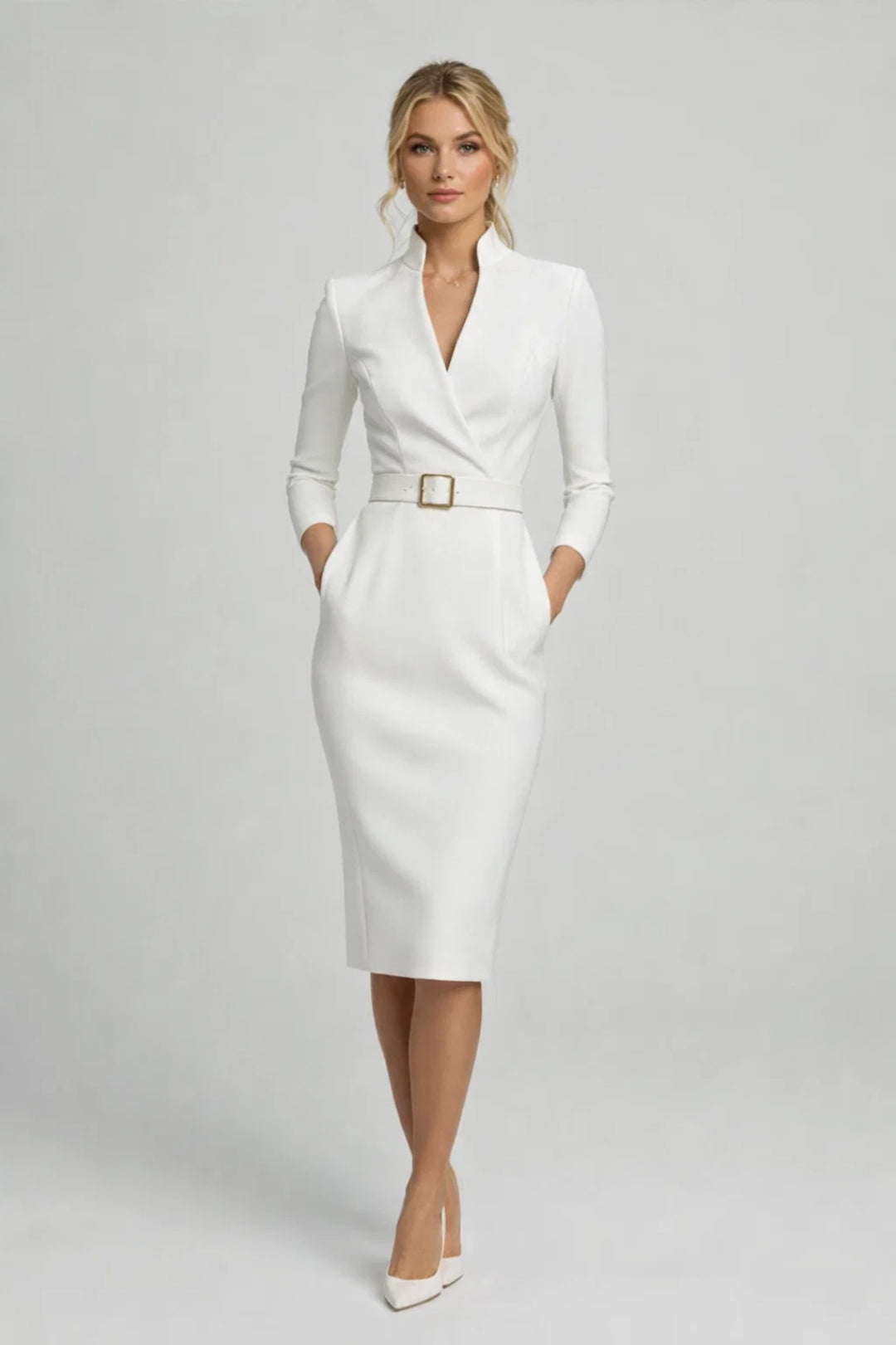 Midi Jurk Dames - Getailleerd met Ceintuur en V-hals | Chique