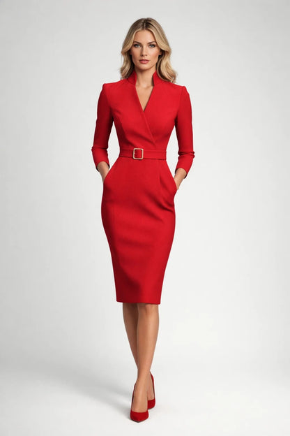 Midi Jurk Dames - Getailleerd met Ceintuur en V-hals | Chique