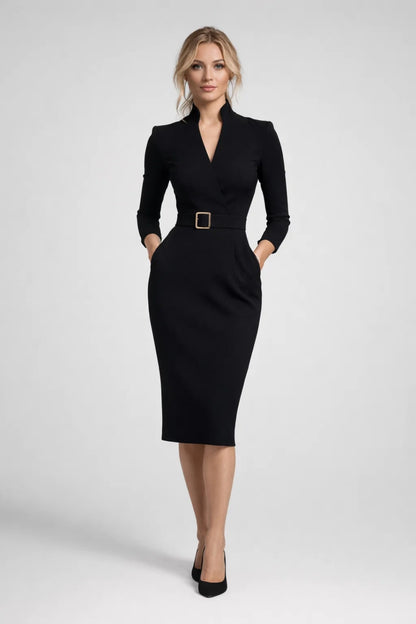 Midi Jurk Dames - Getailleerd met Ceintuur en V-hals | Chique