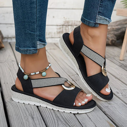 Mila - Boho Orthopedische Sandalen Dames met Gouden Maandetail en Gekruiste Band
