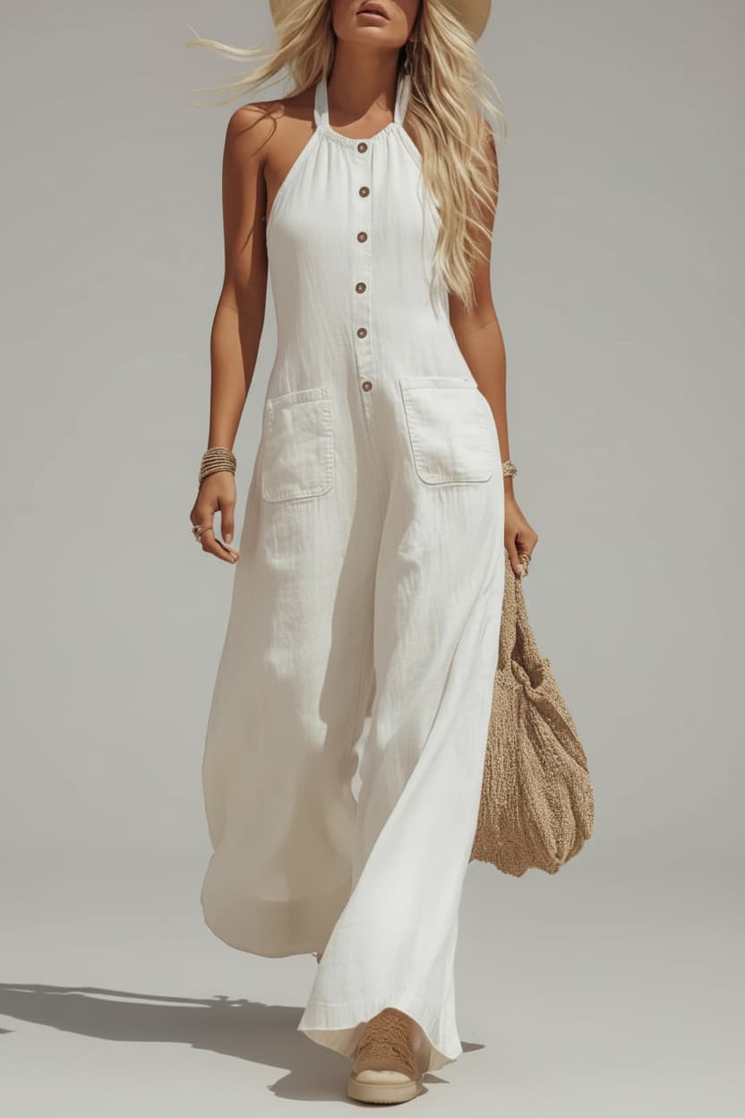 Mila - Boho Wijde Linnen Jumpsuit Dames met Halterhals en Patchzakken