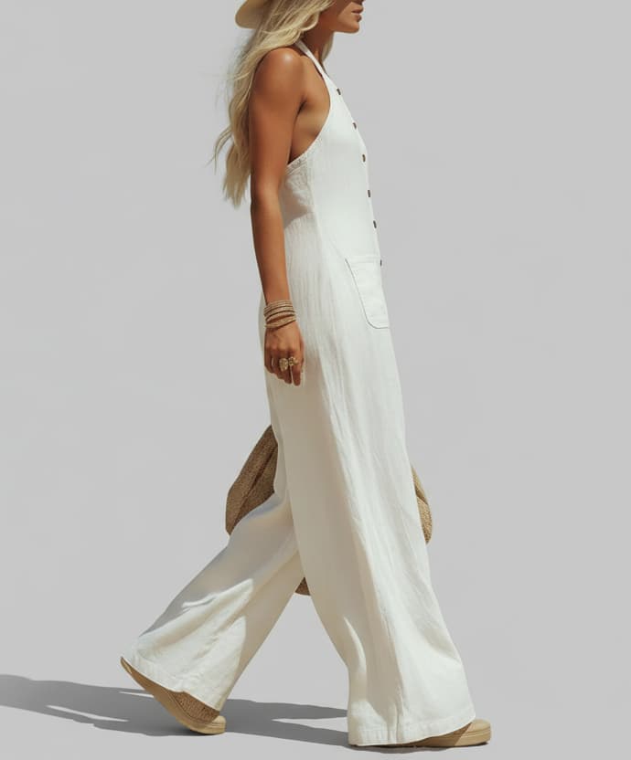 Mila - Boho Wijde Linnen Jumpsuit Dames met Halterhals en Patchzakken
