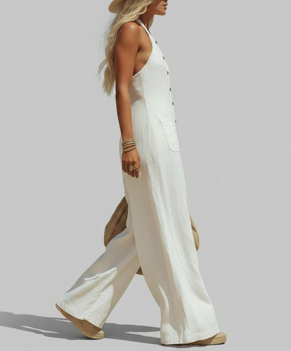Mila - Boho Wijde Linnen Jumpsuit Dames met Halterhals en Patchzakken