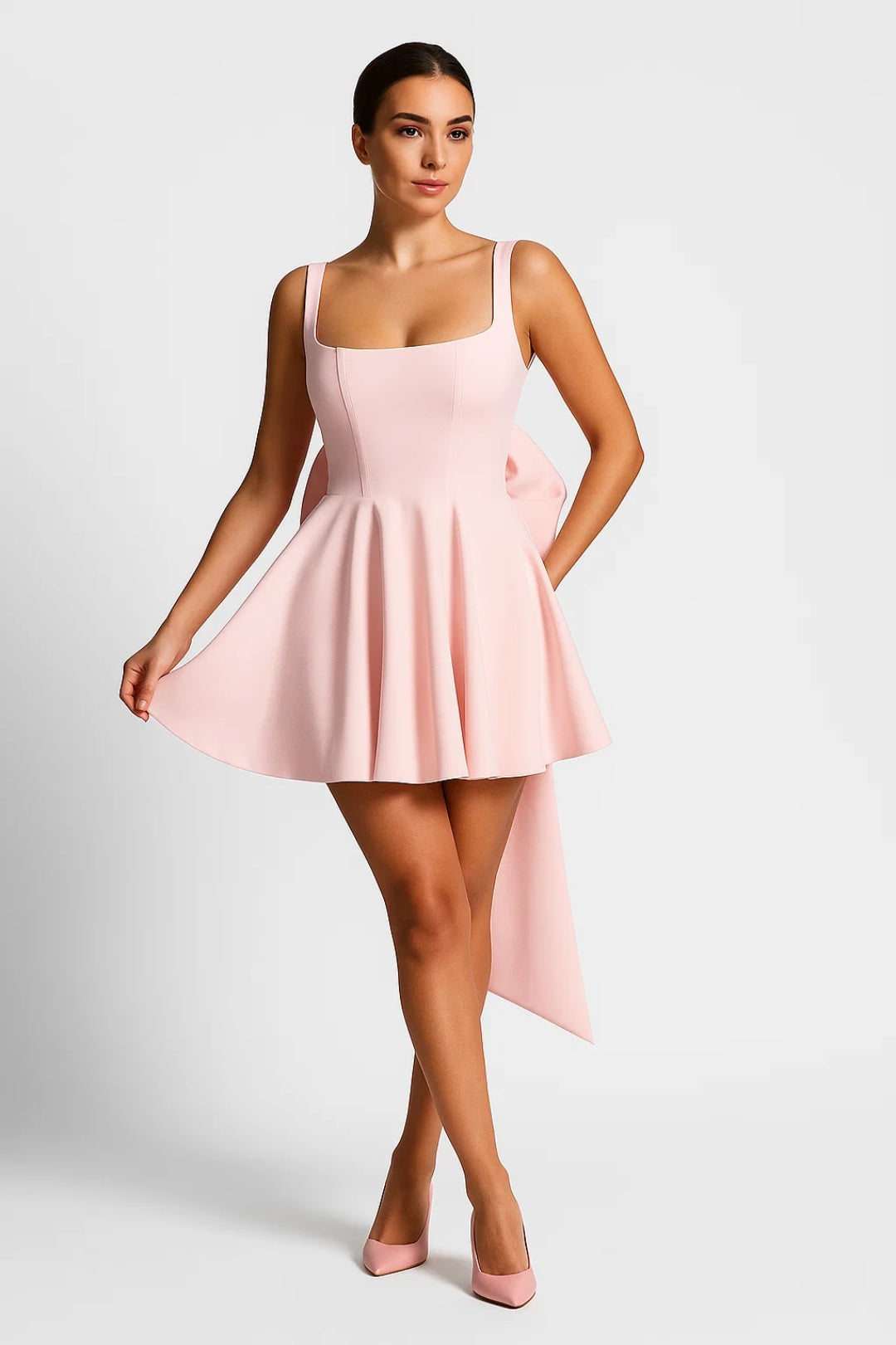 Mini Jurk met Vierkante Hals | Uitlopend Model met Rugstrik | Speelse Elegantie