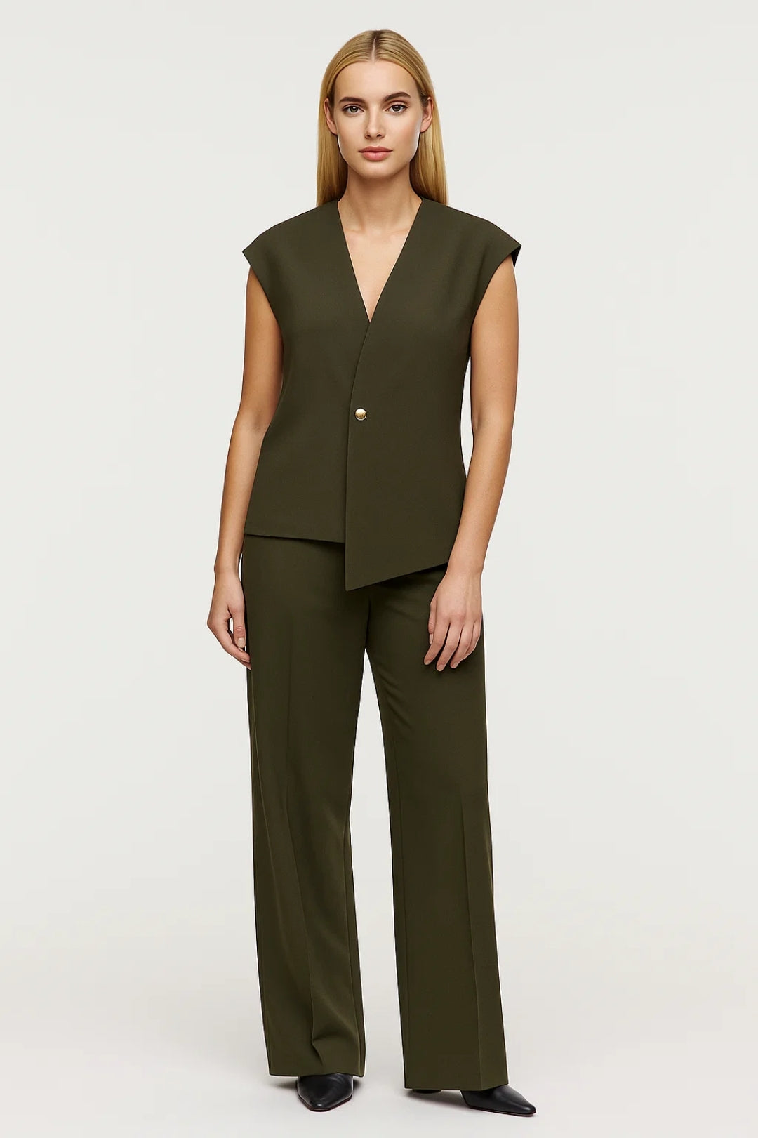 Mouwloos Damespak | Asymmetrisch Gilet met Rechte Pantalon | Elegant en Verfijnd