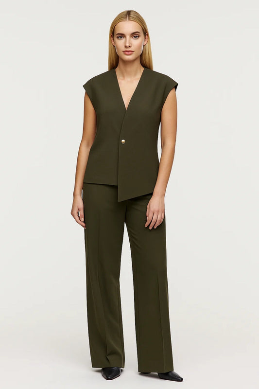 Mouwloos Damespak | Asymmetrisch Gilet met Rechte Pantalon | Elegant en Verfijnd