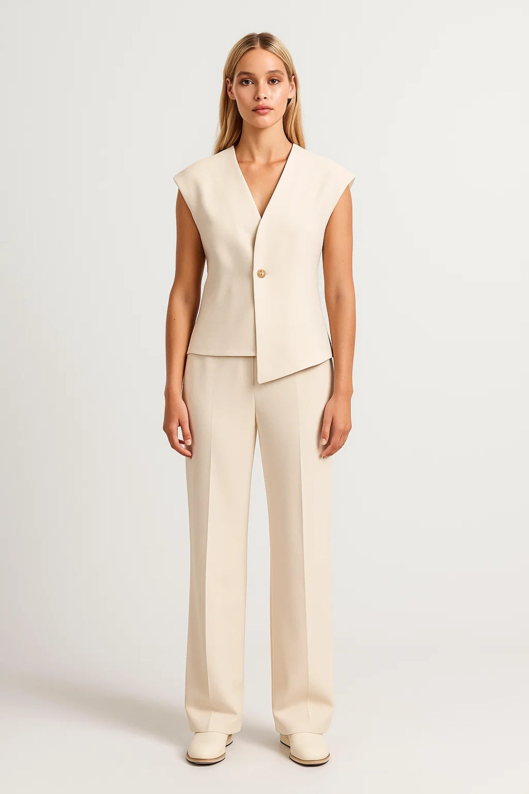 Mouwloos Damespak | Asymmetrisch Gilet met Rechte Pantalon | Elegant en Verfijnd