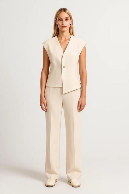 Mouwloos Damespak | Asymmetrisch Gilet met Rechte Pantalon | Elegant en Verfijnd