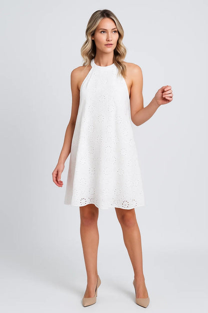 Mouwloze A-Lijn Jurk | Halterhals en Broderie Details | Lichtgewicht en Ademend
