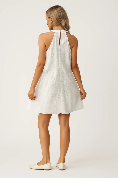 Mouwloze A-Lijn Jurk | Halterhals en Broderie Details | Lichtgewicht en Ademend