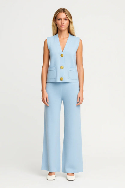 Mouwloze Gilet Set | Rechte Pantalon Met Gouden Knopen | Elegant en Eigentijds