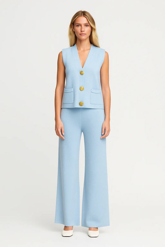 Mouwloze Gilet Set | Rechte Pantalon Met Gouden Knopen | Elegant en Eigentijds
