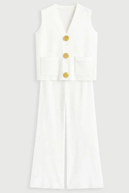 Mouwloze Gilet Set | Rechte Pantalon Met Gouden Knopen | Elegant en Eigentijds
