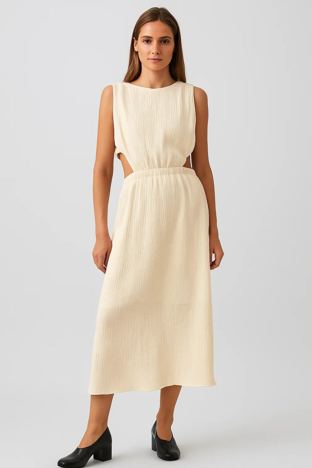 Mouwloze Midi Jurk | Cut-Out Details in de Taille | Lichtgewicht en Ademend