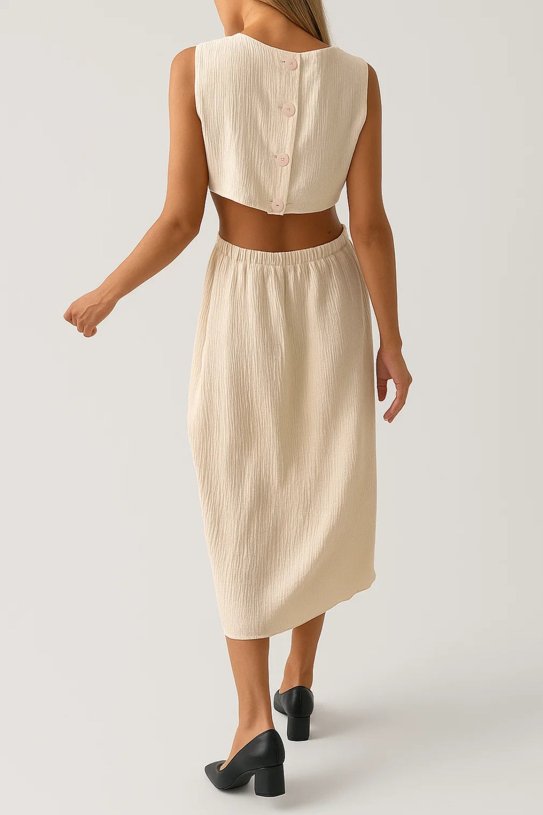 Mouwloze Midi Jurk | Cut-Out Details in de Taille | Lichtgewicht en Ademend