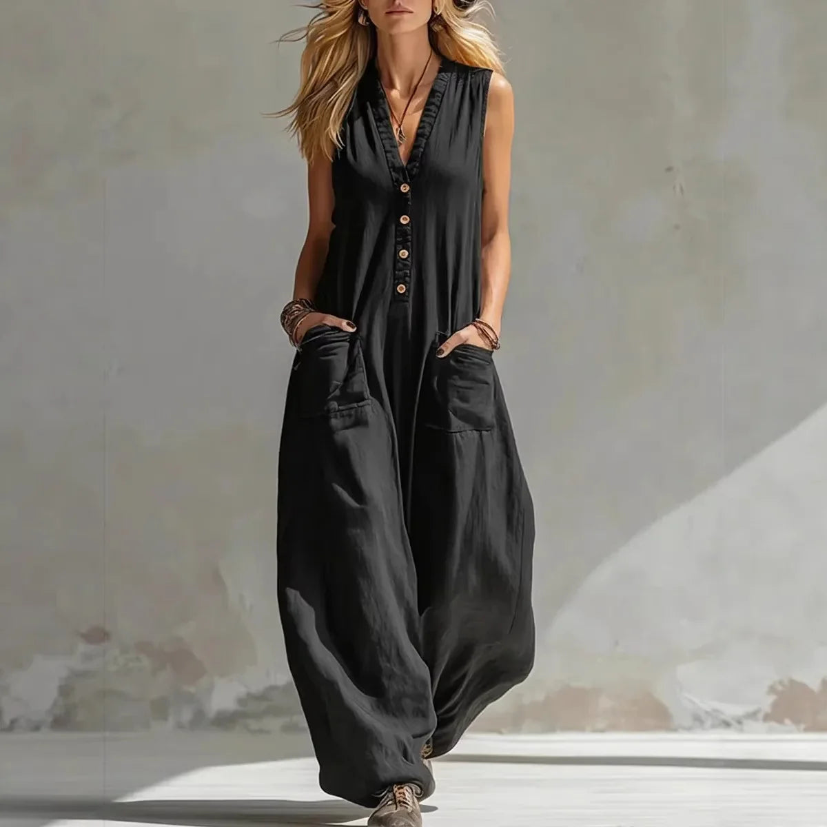 Nina - Casual Linnen Jumpsuit Dames met V-hals en Zakken
