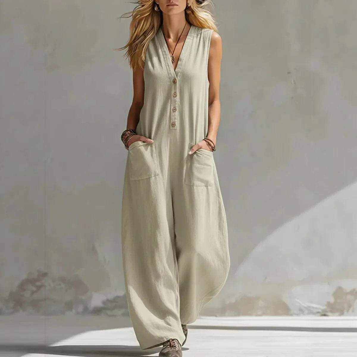 Nina - Casual Linnen Jumpsuit Dames met V-hals en Zakken