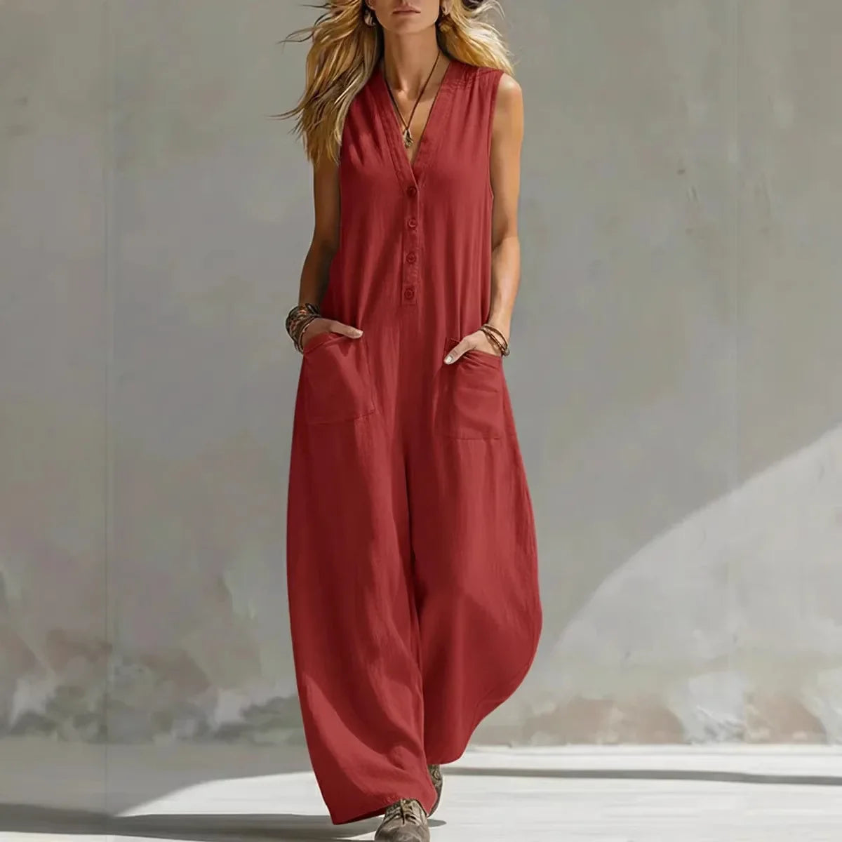 Nina - Casual Linnen Jumpsuit Dames met V-hals en Zakken