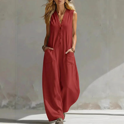 Nina - Casual Linnen Jumpsuit Dames met V-hals en Zakken