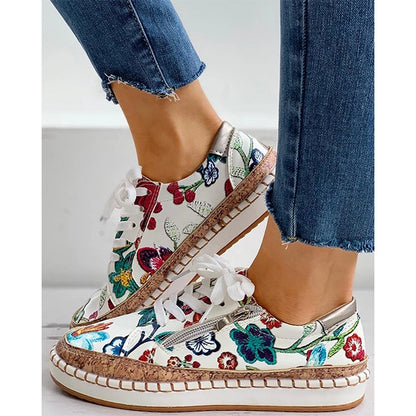 Nina - Romantische Comfort Sneakers Dames met Bloemenprint en Veters