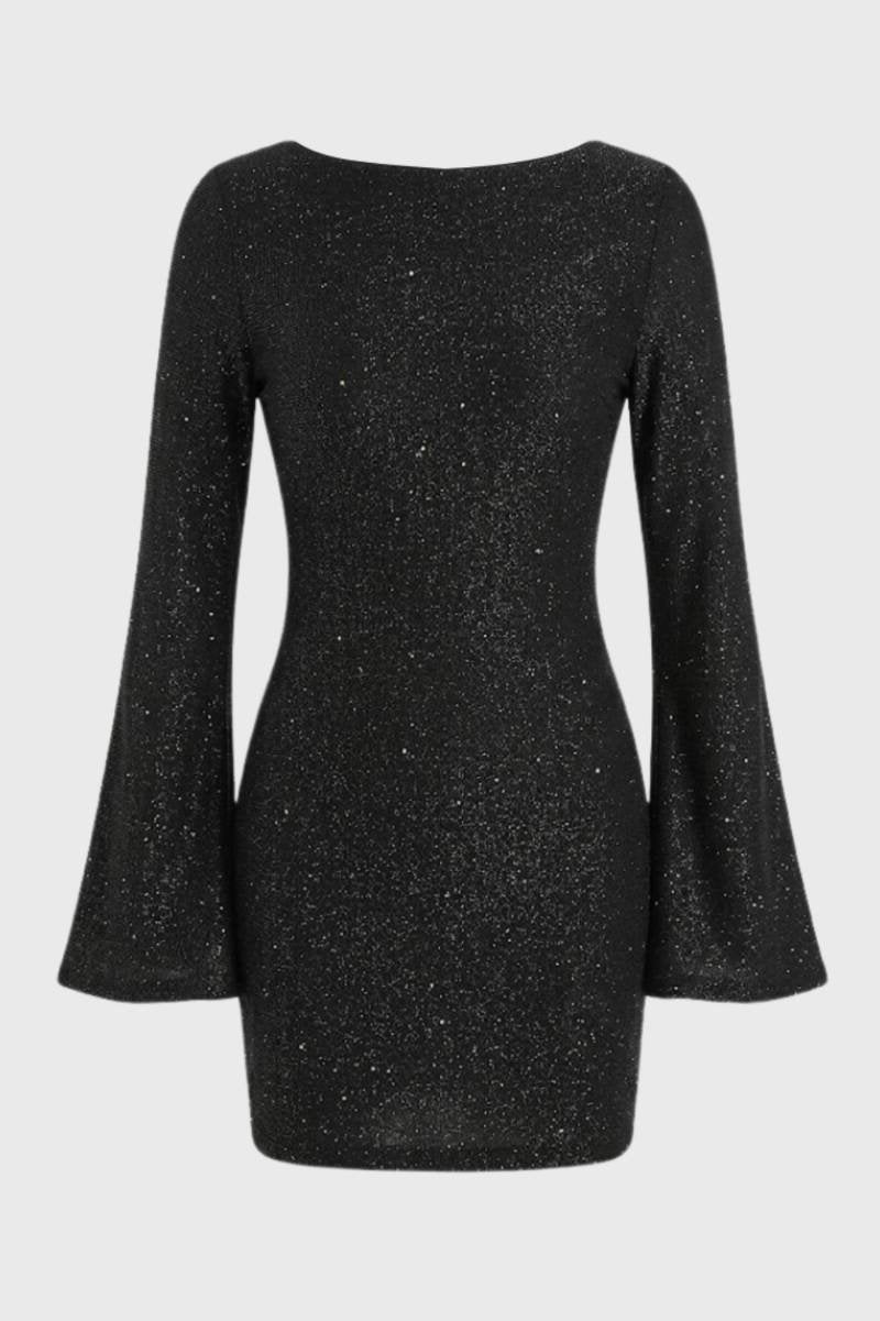 Mini Jurk Dames - Glitter met Wijde Mouwen | Feestelijk - Zwart