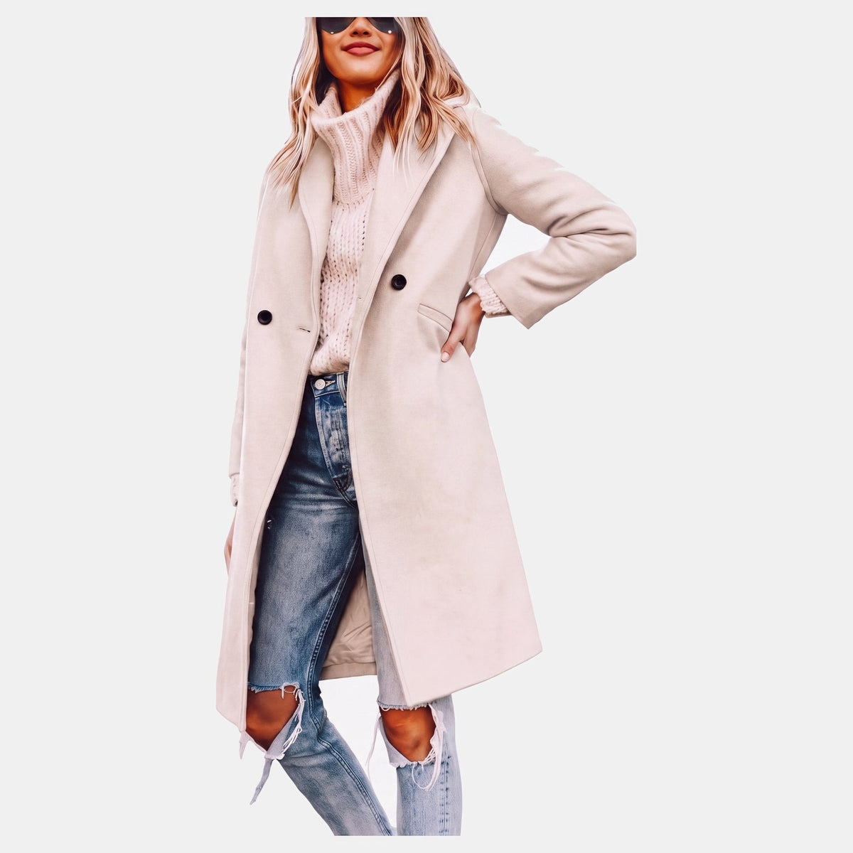 Noor - Winterjas dames lang en oversized met dubbele knopen en zakken