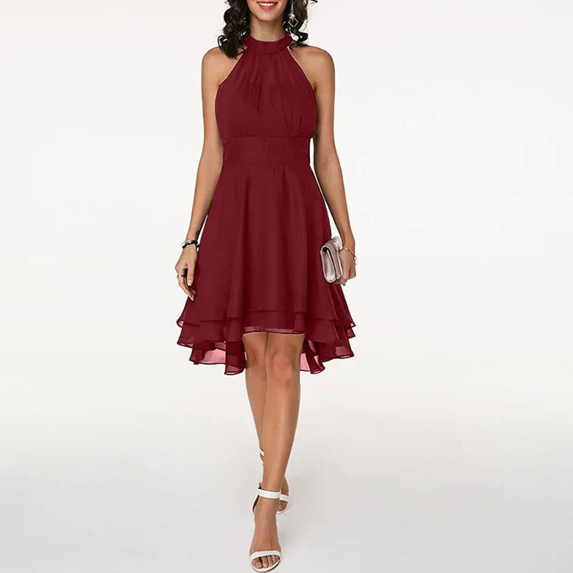 Noor - Avondjurk dames midi elegant en getailleerd met halternek