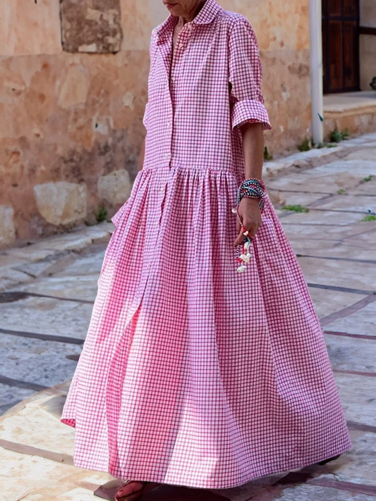 Noor - Boho Grote Maten Maxi Jurk Dames met Ruitprint en Driekwart Mouwen