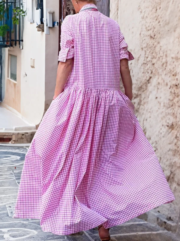 Noor - Boho Grote Maten Maxi Jurk Dames met Ruitprint en Driekwart Mouwen