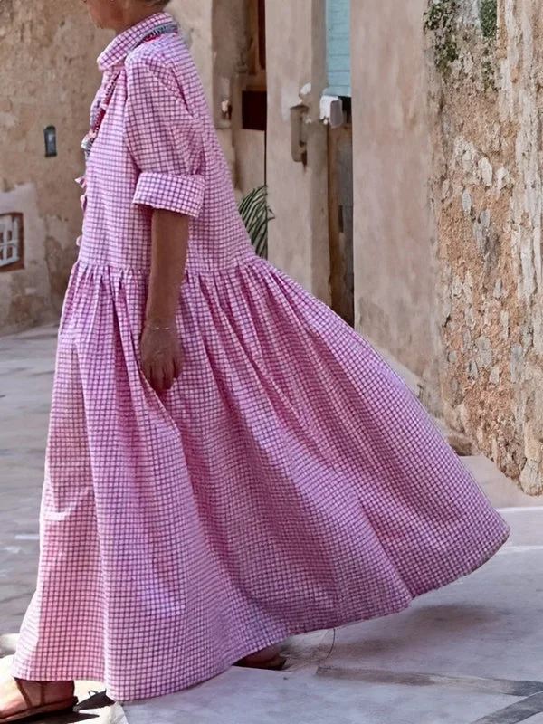 Noor - Boho Grote Maten Maxi Jurk Dames met Ruitprint en Driekwart Mouwen