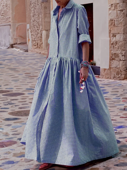 Noor - Boho Grote Maten Maxi Jurk Dames met Ruitprint en Driekwart Mouwen