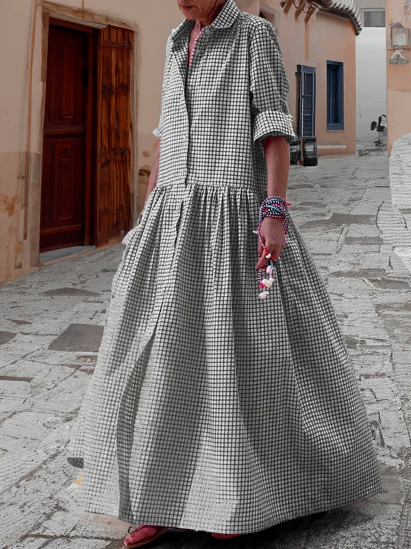 Noor - Boho Grote Maten Maxi Jurk Dames met Ruitprint en Driekwart Mouwen