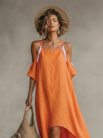 Noor - Casual Linnen Jurk Dames met Koude Schouders en Strikdetail